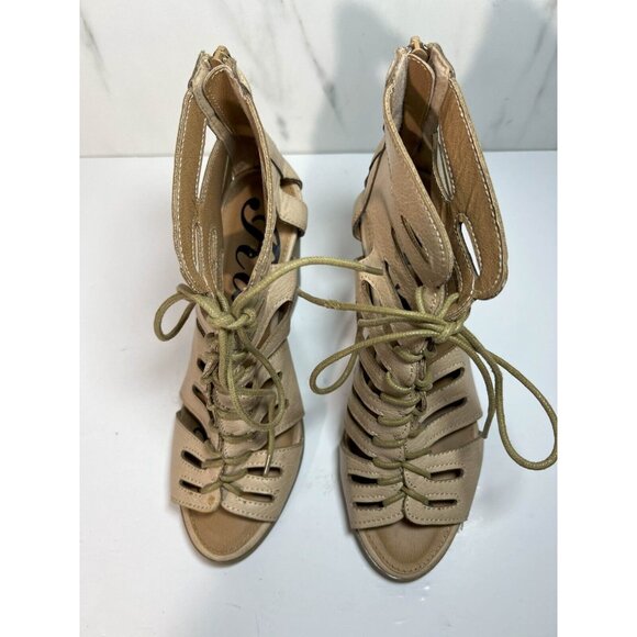 Rampage Heel Sandals Womens Size 6.5  Beige Lace Up Cut Out Peep Toe Leather - Picture 2 of 13